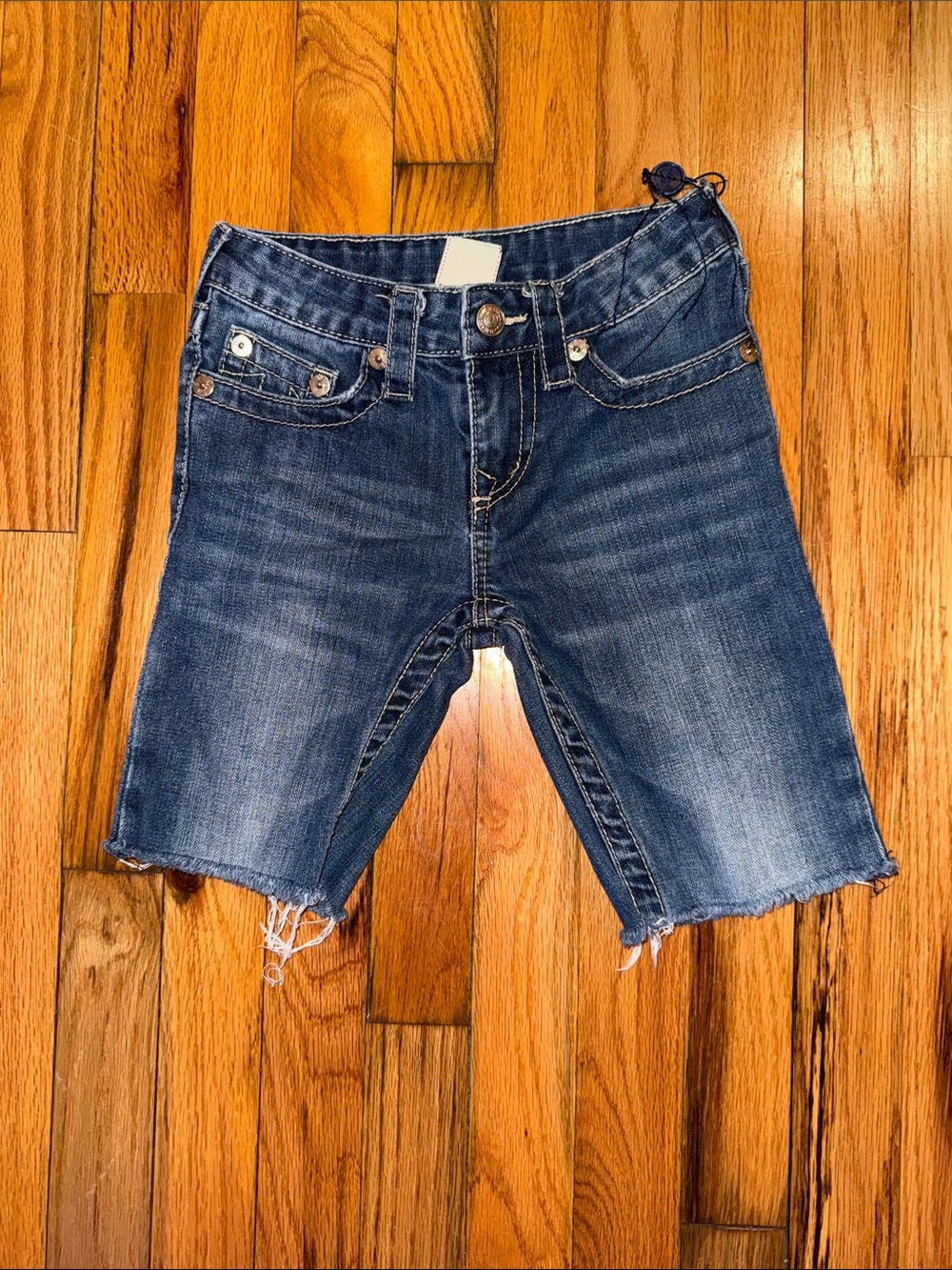 True Religion Dark Blue Distressed Denim Shorts